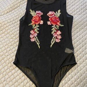 Ambiance Black Bodysuit with Red Floral Embroidery